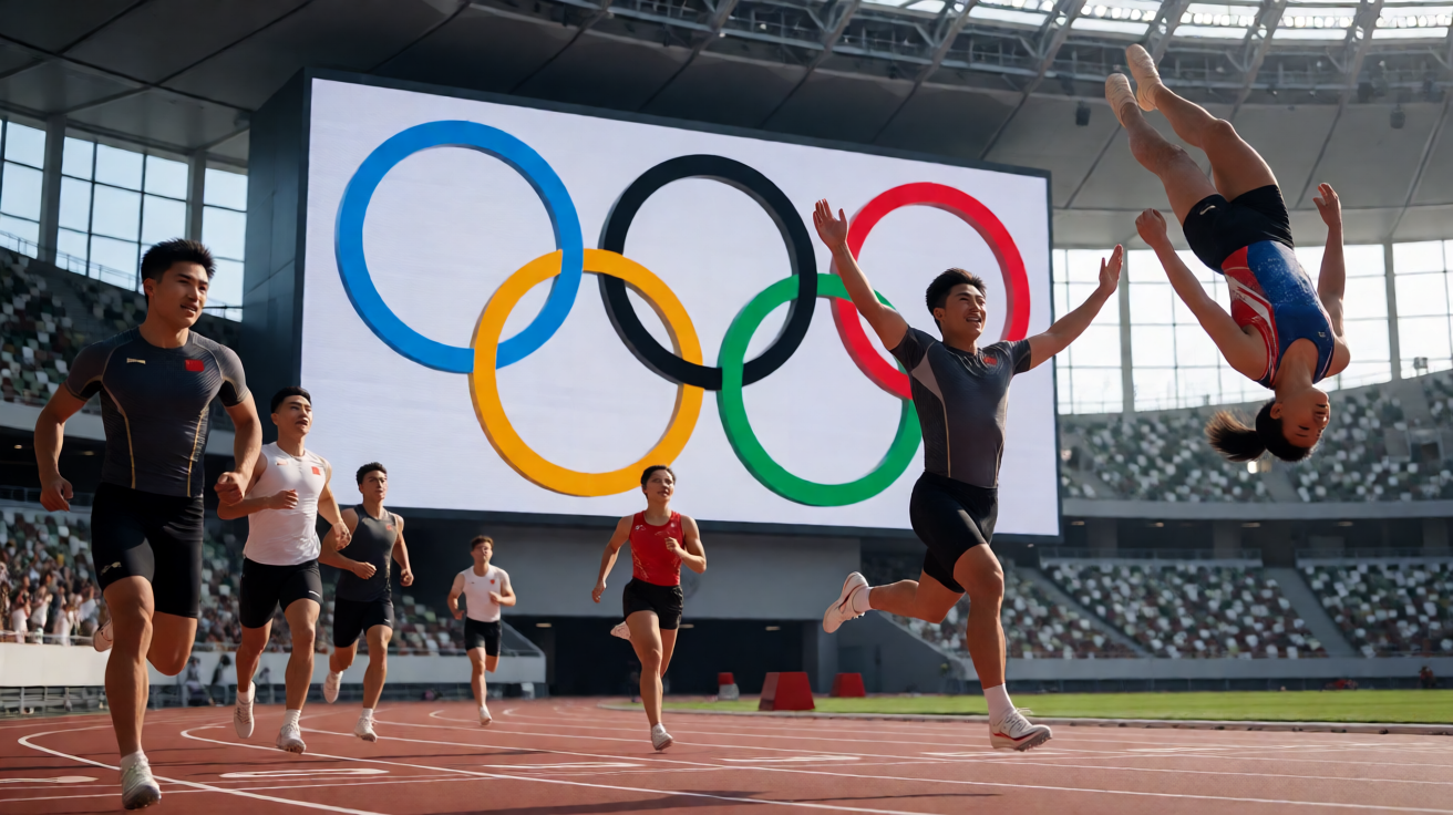 奥运会专题，展示奥运五环与运动员拼搏场景